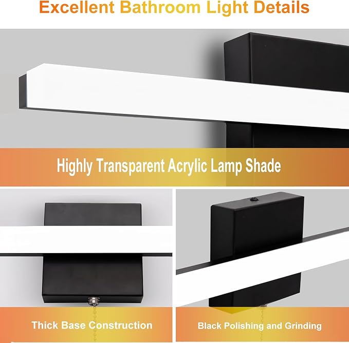 24 Inch LED Bathroom Light Bar Over Mirror, Modern Vanity Light with Pull Chain Switch On/Off, Black Wall Light Fixture, Cool White 6000K