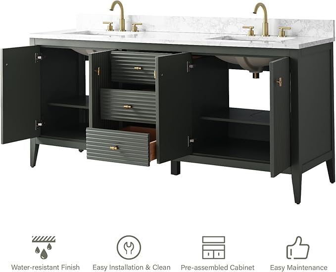 HOMEBEYOND 72" Bathroom Vanity with Double Sink, Solid Wood Bathroom Vanity Free-Standing Cabinet, Ceramic Top & Soft Closing Door, Golden Brushed Handware, Vintage Green