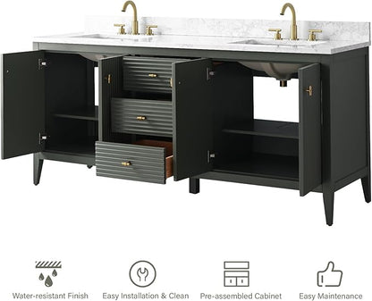 HOMEBEYOND 72" Bathroom Vanity with Double Sink, Solid Wood Bathroom Vanity Free-Standing Cabinet, Ceramic Top & Soft Closing Door, Golden Brushed Handware, Vintage Green