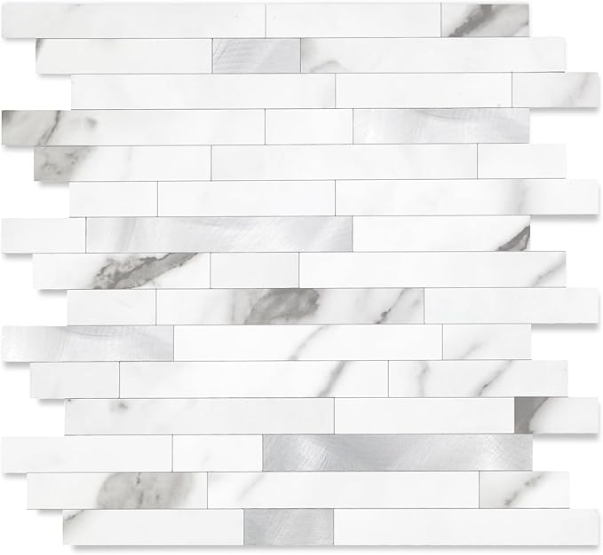 Yipscazo 2026 New Upgrade Peel and Stick Stone Metal Tile Backsplash, Stick on Tiles for Backsplash Kitchen, Bathroom (10 Sheets, Marble White Metal)