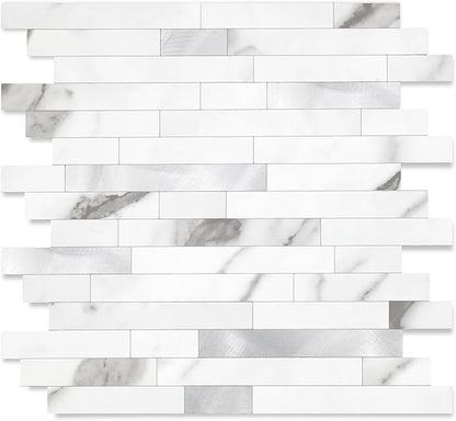 Yipscazo 2026 New Upgrade Peel and Stick Stone Metal Tile Backsplash, Stick on Tiles for Backsplash Kitchen, Bathroom (10 Sheets, Marble White Metal)