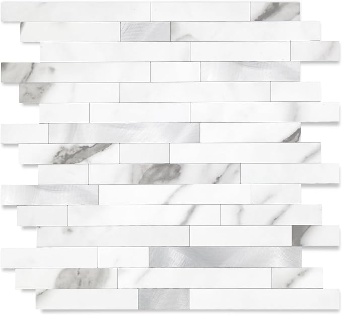 Yipscazo 1 Sheet Peel and Stick Stone Metal Tile Backsplash, Stick on Tiles for Backsplash Kitchen, Bathroom, Laundry Room, Camper, Fireplace (12'' X 12'', Marble White Metal)