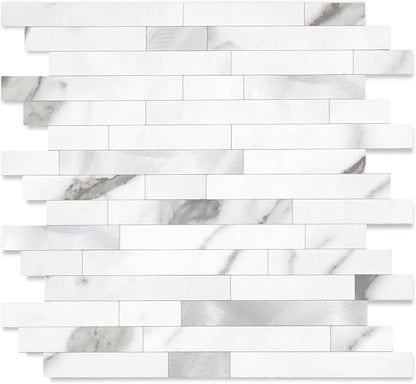 Yipscazo 1 Sheet Peel and Stick Stone Metal Tile Backsplash, Stick on Tiles for Backsplash Kitchen, Bathroom, Laundry Room, Camper, Fireplace (12'' X 12'', Marble White Metal)