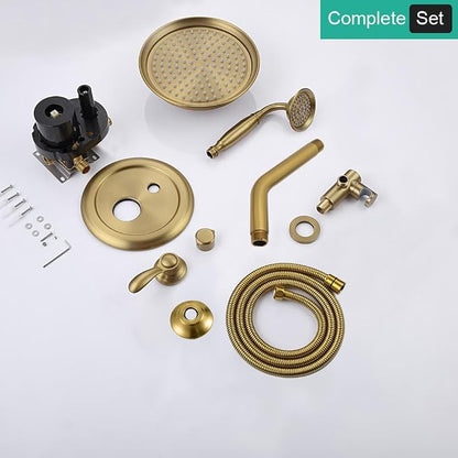 Dual Rain Shower Head System with Handheld Antique Faucet Set | Brushed Titanium Gold, Multi-layer Plating, Vintage Rainfall, 3 Way Diverter Brass Valve with Trim Kit, Easy Install