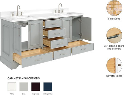 Langford 72-inch Grey Bathroom Vanity with Left & Right Rectangle Double Sinks, Pure White Quartz Countertop & Backsplash, Solid Wood Frame, Soft-Closing & Dovetail Drawers