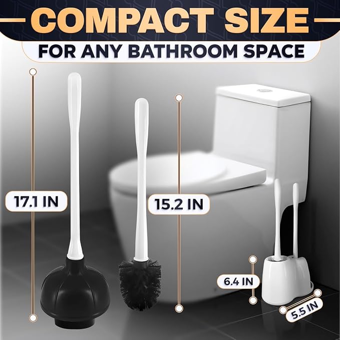 15.2" Toilet Brush and Plunger Set with Holder, Nylon Bristles, (White) | Toilet Bowl Brush, Holder and Plunger, Easy to Place and Simple to Store After Use, Compact Accessory for Small Spaces