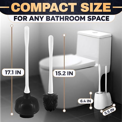 15.2" Toilet Brush and Plunger Set with Holder, Nylon Bristles, (White) | Toilet Bowl Brush, Holder and Plunger, Easy to Place and Simple to Store After Use, Compact Accessory for Small Spaces