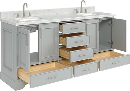 ARIEL Stafford 72-inch Bathroom Vanity with Sink,Solid Wood, 1.5-inch Italian Carrara Marble Countertop, Double Rectangular Porcelain Sink, 4 Soft Closing Doors, 6 Dovetail Drawers, Grey