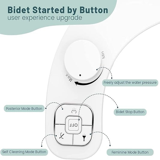 Left Hand Bidet, Non-Electric Self-Cleaning Dual Nozzle (Frontal and Rear Wash) Left Bidet Attachment for Toilet, Adjustable Water Pressure, Easy to Install