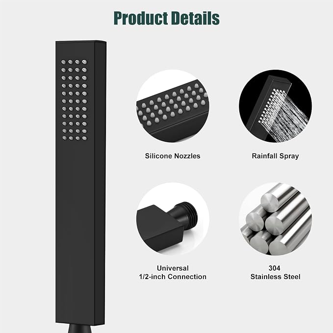 Heyalan SUS304 Handheld Shower Set with Hose & Wall Holder, Matte Black | SUS304 stainless steel wand, straight-style design, single rain spray, 59-inch long hose and standard 1/2-inch connection
