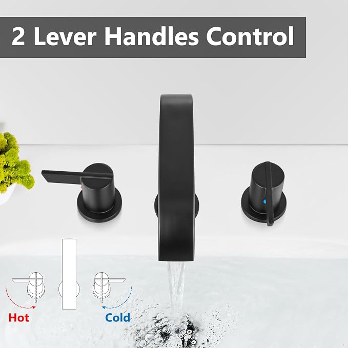 Matte Black Bathroom Faucet 3 Hole 8 Inch Widespread Waterfall | 2-Handle Vanity Faucet, Pop-Up Drain, Supply Lines, Adjustable 4- to 16-Inch Widespread Fit, 360° Swivel Spout