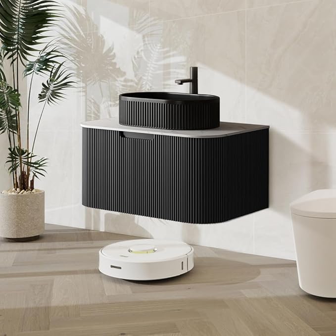 LKTART 30 Inch Floating Bathroom Vanity with Sink, Modern Wall Mounted Bathroom Storage Cabinet with Drawer, Fluted Black Curved Edges Ceramic Sink Top and Marble Texture Top, Black