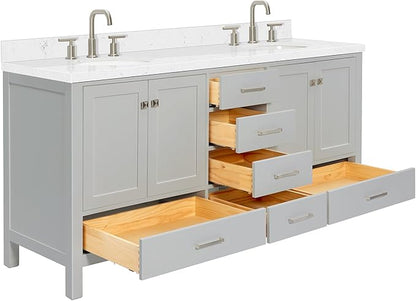 ARIEL Cambridge 72-inch Bathroom Vanity with Sink,Solid Wood, 1.5-inch Carrara White Quartz Countertop & Backsplash, Double Oval Porcelain Sink, 4 Soft Closing Doors, 6 Dovetail Drawers, Grey