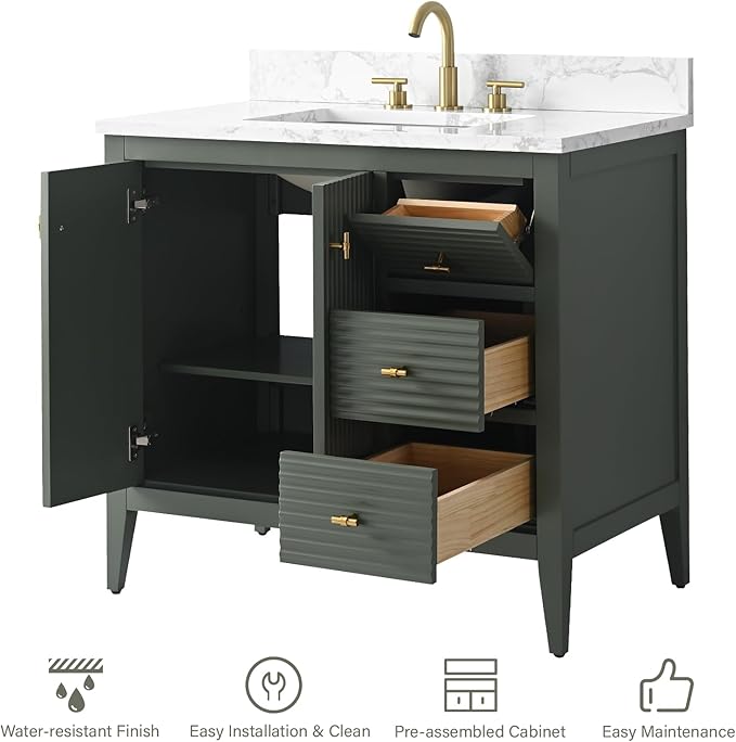 HOMEBEYOND 36" Bathroom Vanity with Sink, Solid Wood Bathroom Vanity Free-Standing Cabinet, Drawers, Ceramic Top & Soft Closing Door, Golden Brushed Handware, Vintage Green