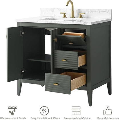 HOMEBEYOND 36" Bathroom Vanity with Sink, Solid Wood Bathroom Vanity Free-Standing Cabinet, Drawers, Ceramic Top & Soft Closing Door, Golden Brushed Handware, Vintage Green