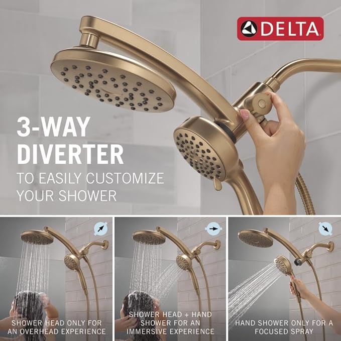 Delta 6-Setting PivotPro 3-in-1 Combination Shower Head with ProClean Spray, Brushed Gold Round Shower Head Rainfall with Handheld Spray, 1.75 GPM, Champagne Bronze 75648CZ