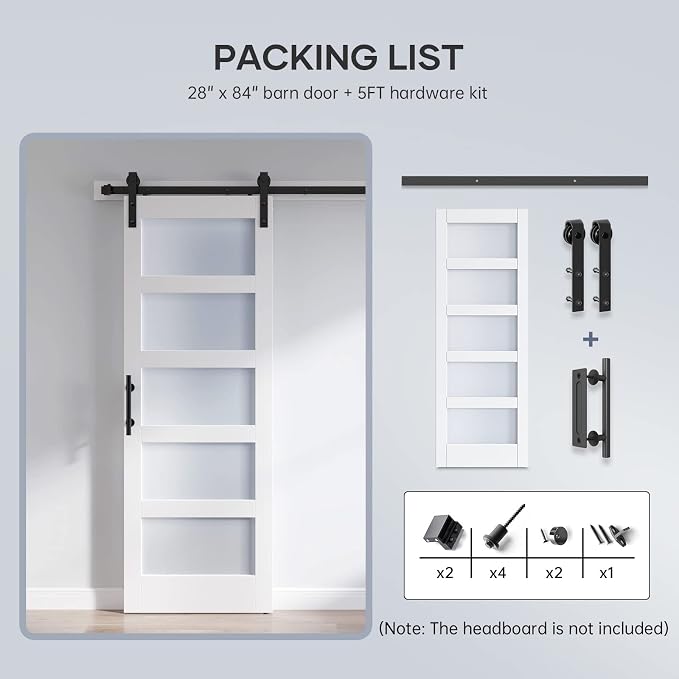 28x84 Inch Glass Sliding Barn Door Slab and 5ft Hardware Kit Included, 5 Frosted Glass, LVL Wood Panel Covered with White Water-Proof Scratch-Proof PVC Surface, Simple DIY Assembly