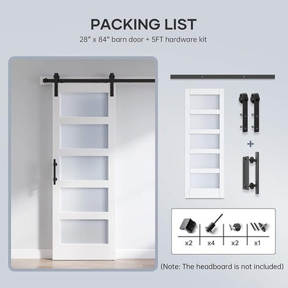 28x84 Inch Glass Sliding Barn Door Slab and 5ft Hardware Kit Included, 5 Frosted Glass, LVL Wood Panel Covered with White Water-Proof Scratch-Proof PVC Surface, Simple DIY Assembly