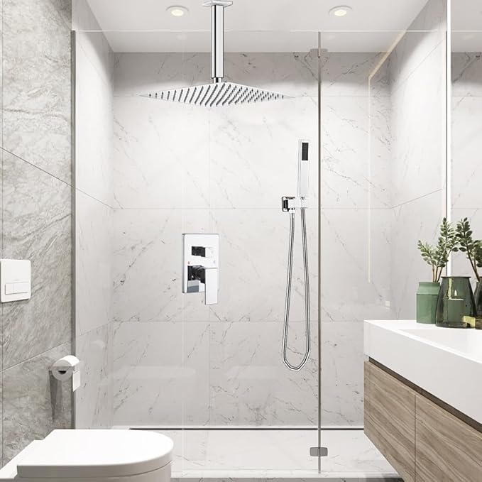 Shower System ‎Polished Chrome Bathroom 10 Inch Rain Shower Head Ceiling Mount with Handheld Luxury High Pressure Shower Combo Set Shower Faucet Rough-in Valve Body and Trim Kit