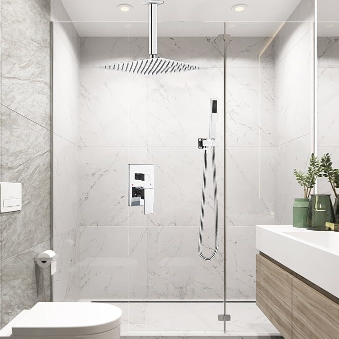 ‎Polished Chrome Shower System Bathroom 12 Inch Rain Shower Head Ceiling Mount with Handheld Luxury High Pressure Shower Combo Set Shower Faucet Rough-in Valve Body and Trim Kit
