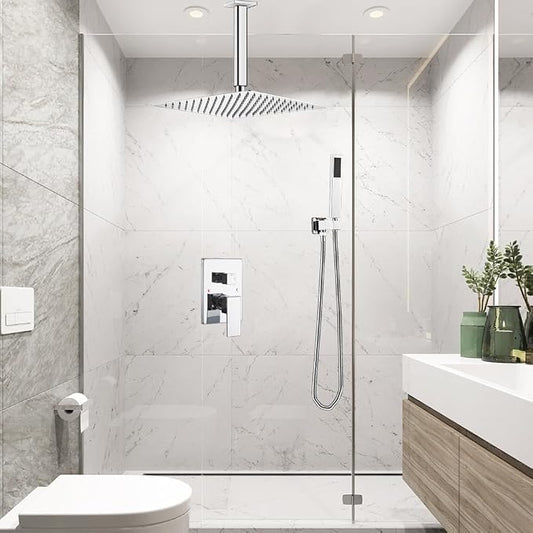 ‎Polished Chrome Shower System Bathroom 12 Inch Rain Shower Head Ceiling Mount with Handheld Luxury High Pressure Shower Combo Set Shower Faucet Rough-in Valve Body and Trim Kit