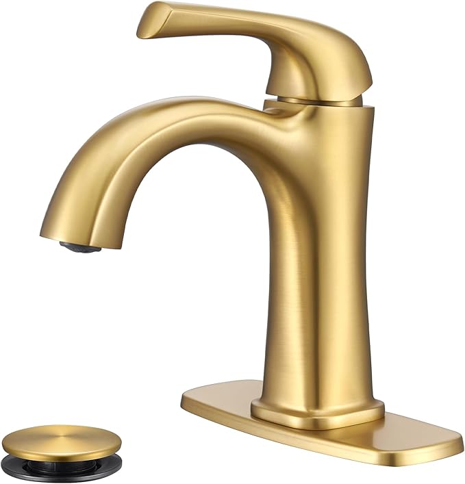 Brushed Gold Single Hole Bath Room Faucets,Brushed Gold Bathroom Faucet,Single Handle Brass Sink Faucet Bathroom for 1 or 3 Holes,with Pop Up Drain Supply Hose for Vanity,Lavatory RV Farmhouse