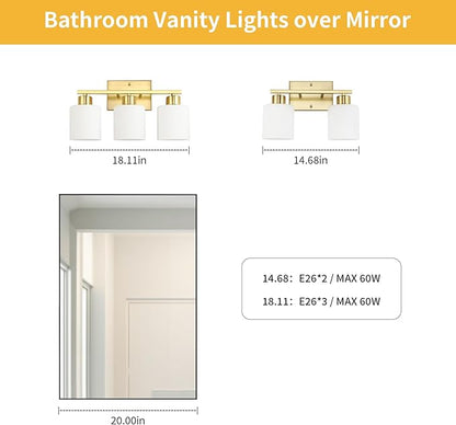 WILON 3-Light Brushed Gold Bathroom Lighting Fixtures Over Mirror, Modern Vanity Light with Milk White Glass Shades, Antique Brass Wall Lamp with E26 Bases