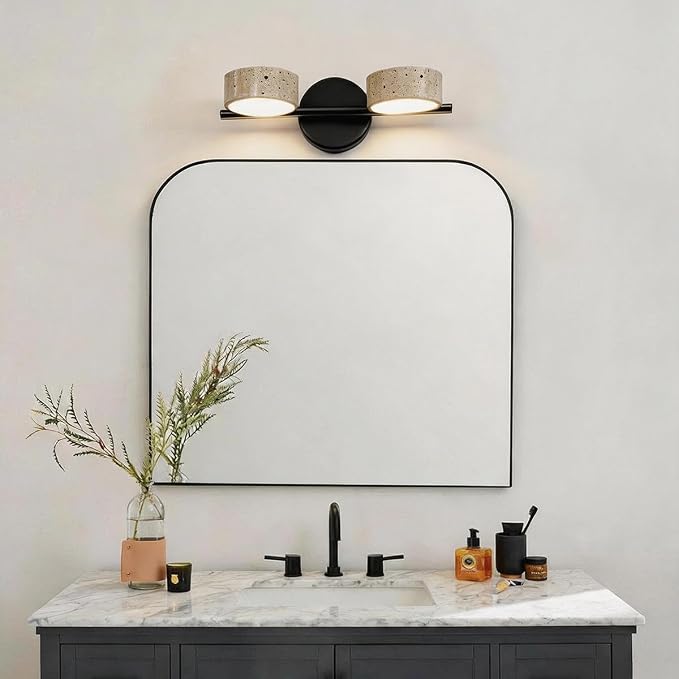 Led Bathroom Lighting Fixtures Over Mirror with 2 Travertine Shades,Vanity Lights Wall Lamp, 180° Rotatable Stone Lampshades Bathroom Lights, Modern Farmhouse Stone Sconces Black