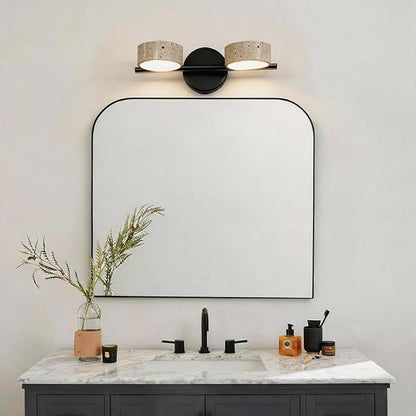 Led Bathroom Lighting Fixtures Over Mirror with 2 Travertine Shades,Vanity Lights Wall Lamp, 180° Rotatable Stone Lampshades Bathroom Lights, Modern Farmhouse Stone Sconces Black