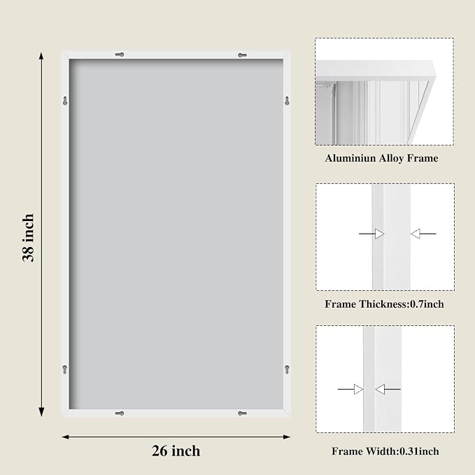 Koonmi White Rectangle Wall Mirror, 26x38 Inch Bathroom Mirror, Aluminum Frame Vanity Mirror for Entryway, Living Room, Bedroom Bathroom, Hangs Horizontally or Vertically