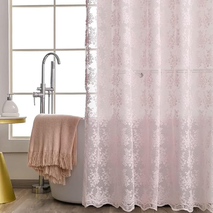Pink Lace Shower Curtain 72x84, Cute Girly Extra Long with Attached Valance | Vintage Floral Lace and Scalloped Trim, Filter Soft Light, Adding Romantic Shabby Chic Charm to Tall Bathrooms