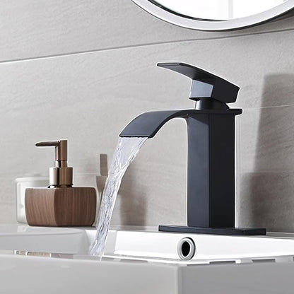 Matte Black Waterfall Bathroom Faucet, Single Handle Bathroom Sink Faucet for 1 or 3 Hole, Modern Vanity Faucet with Deck, Pop-up Drain and Supply Hoses