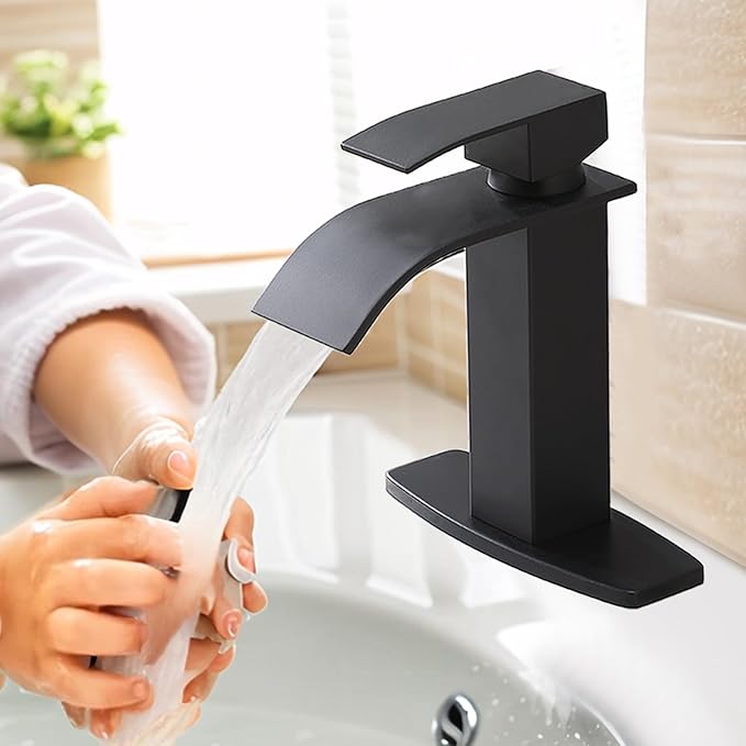 Matte Black Waterfall Bathroom Faucet, Single Handle Bathroom Sink Faucet for 1 or 3 Hole, Modern Vanity Faucet with Deck, Pop-up Drain and Supply Hoses