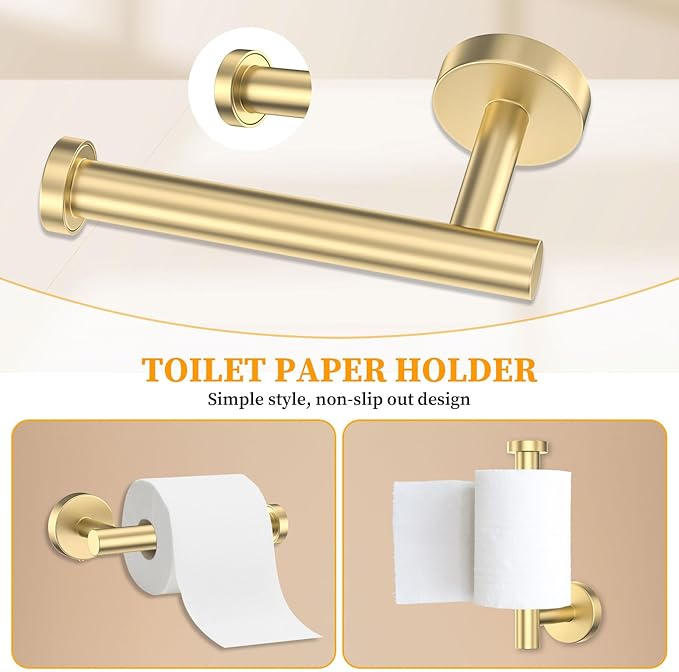 Brushed Gold Bathroom Hardware Set 6-Pieces Towel Bar Set Stainless Steel Bathroom Accessory Set 23.6 Inch Wall Mounted Towel Rack