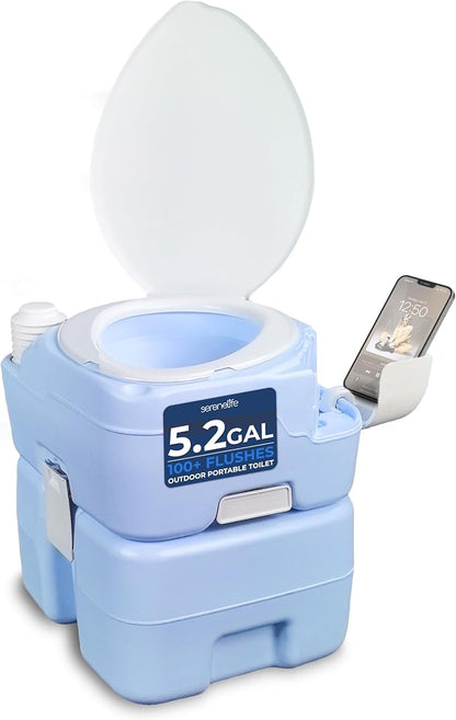 SereneLife 5.3 Gal Portable Toilet with Extra Large Seat, Moonwhite | 20L Waste Tank, 12L Fresh Water Capacity, 100+ flushes, hand sprayer & phone holder for camping, RVs, boating & emergency use