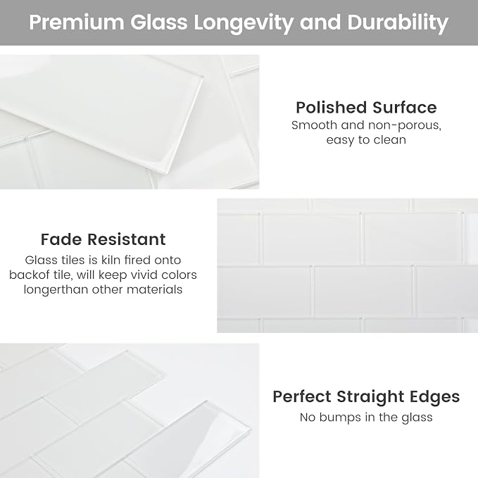 Glass Subway Tile 3 x 6 Inch White for Kitchen Backsplash Bathroom Wall Pack of 32 Sheets