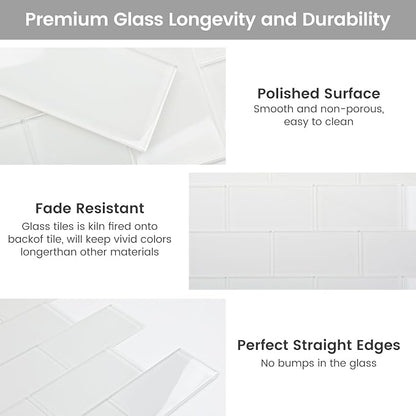 Glass Subway Tile 3 x 6 Inch White for Kitchen Backsplash Bathroom Wall Pack of 32 Sheets