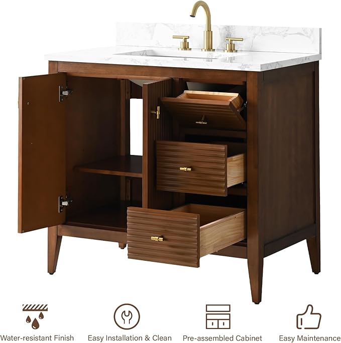 HOMEBEYOND 36" Bathroom Vanity with Sink, Solid Wood Bathroom Vanity Free-Standing Cabinet, Drawers, Ceramic Top & Soft Closing Door, Golden Brushed Handware, Walnut