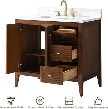 HOMEBEYOND 36" Bathroom Vanity with Sink, Solid Wood Bathroom Vanity Free-Standing Cabinet, Drawers, Ceramic Top & Soft Closing Door, Golden Brushed Handware, Walnut