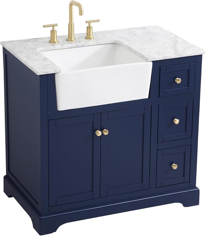 36" Pre-Assembled Bathroom Vanity with Sink, Solid Birch and MDF, Carrara White Marble Countertop Attached, Single Rectangle Porcelain Sink, 3 Soft-Close Drawers, Blue