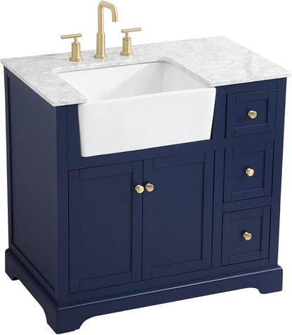 36" Pre-Assembled Bathroom Vanity with Sink, Solid Birch and MDF, Carrara White Marble Countertop Attached, Single Rectangle Porcelain Sink, 3 Soft-Close Drawers, Blue
