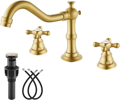 gotonovo Bathroom Faucet 3 Hole Vintage, Brushed Gold, Hot Cold Label | Widespread Bathroom Sink Faucet 8 Inch 2 Cross Handles,Pop Up Drain,cUPC Supply Line,4-15.7” Install,for Vanity Farmhouse RV