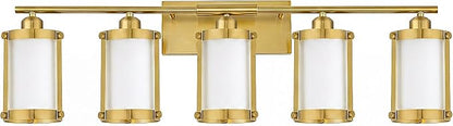 5-Light Brushed Gold Bathroom Light Fixtures Over Mirror with Frosted Milk Glass and Metal Cage Shade, 38" UL-Listed Modern Farmhouse Wall Sconce for Bath, Hardwire E26, OS-3014BGW-5W