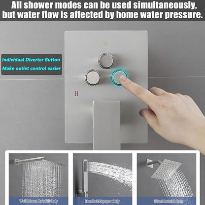 Shower Faucet Set Brushed Nickel 10 Inch Wall Mount Rainfall Shower System with 2 Rain Shower Head and Handheld Head Push Button Diverter Shower Trim Kit and Rough-in Valve Body