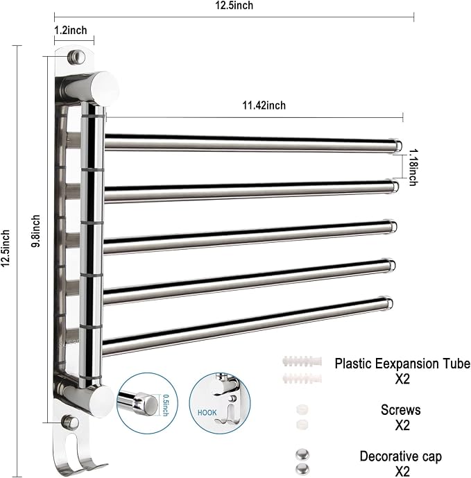 5 Arm Swivel Towel Bar - Heavy Duty SUS304 Stainless Steel Swing Towel Rack for Bathroom, 180° Rotation Wall Mount Towel Holder with Hook, Space-Saving Organizer for Kitchen, Laundry Room