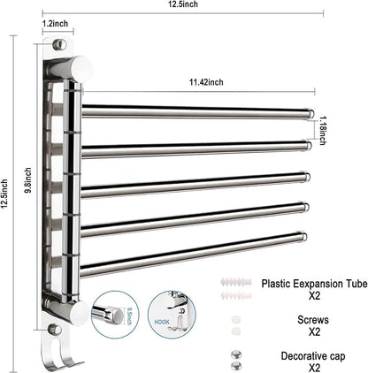 5 Arm Swivel Towel Bar - Heavy Duty SUS304 Stainless Steel Swing Towel Rack for Bathroom, 180° Rotation Wall Mount Towel Holder with Hook, Space-Saving Organizer for Kitchen, Laundry Room