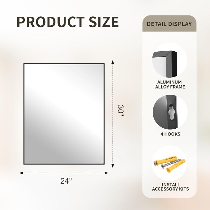 FICTOR Bathroom Vanity Mirror for Over Sink, 24" x 30", Black | Anti-Rust Frame, Shatterproof Tempered Glass, Vertical/Horizontal Wall Mounted Mirror for Bedroom, Entryway, Living Room