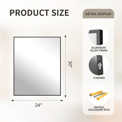 FICTOR Bathroom Vanity Mirror for Over Sink, 24" x 30", Black | Anti-Rust Frame, Shatterproof Tempered Glass, Vertical/Horizontal Wall Mounted Mirror for Bedroom, Entryway, Living Room