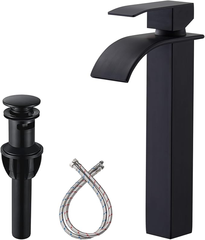 Vessel Sink Faucet, Tall Matte Black Waterfall Bathroom Faucet Single Handle One Hole Stainless Steel Mixer Tap Bowl Lavatory Vanity Faucet UF-FJT016B