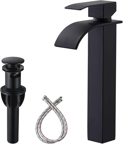 Vessel Sink Faucet, Tall Matte Black Waterfall Bathroom Faucet Single Handle One Hole Stainless Steel Mixer Tap Bowl Lavatory Vanity Faucet UF-FJT016B